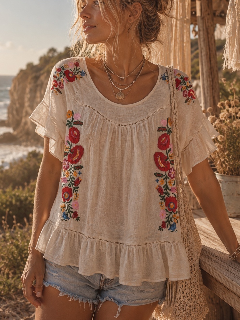 Altar'd State Embroidered Floral Blouse Size Small Oversized Top